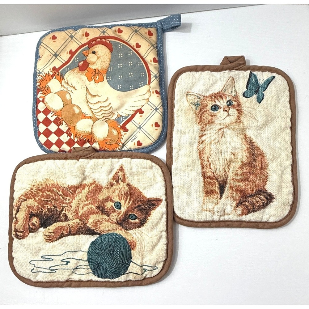 Vintage Pot Holder Set Chicken Kitten Country Farmhouse 3pc Rustic READ
